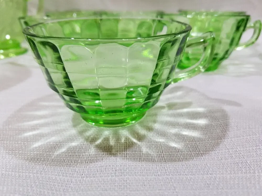 Vintage Anchor Hocking Block Optic Green Depression Glass Cups/ Saucers Set of 6